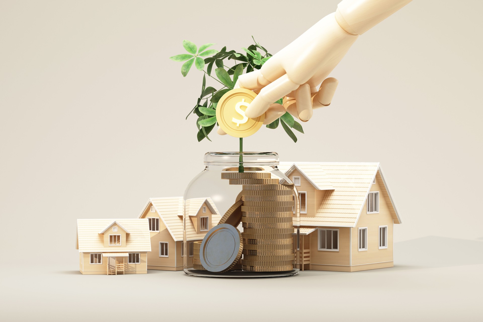 Wooden houses and a growing plant from a coin jar illustrate eco-friendly investment, financial growth, and sustainable property planning, 3d rendering.